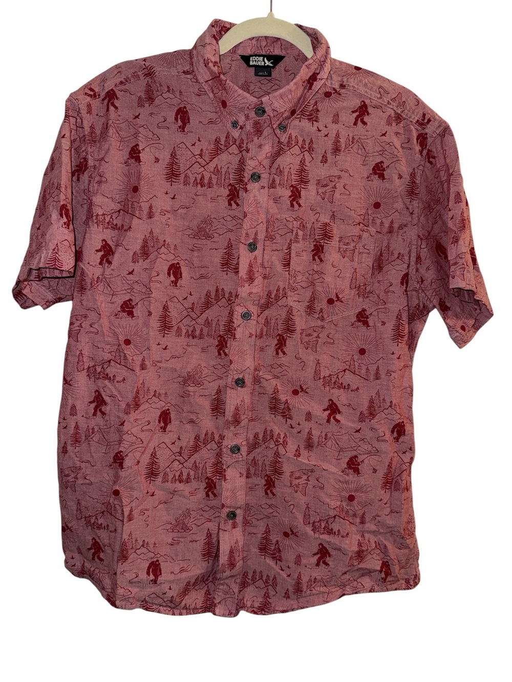 Eddie Bauer Baja Shirt Mens Large Bigfoot Mountain Tree Cotton Camp Button Down